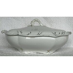 Antique Johnson Brothers Covered Vegetable Dish White w/gold Accents  Imperfect